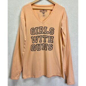 Girls With Guns Embellished Orange/Peach T-Shirt Long Sleeve V-Neck Sz 2X #q